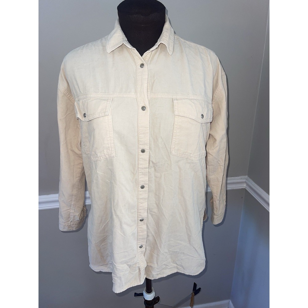 Zara Girls Oversized Corduroy Cream Pearl Snap Shirt Sz 13/14 Pockets